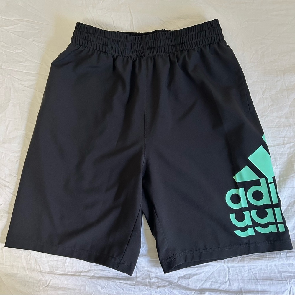 Adidas Kids Black Shorts with Teal Logo, Size 14/16
